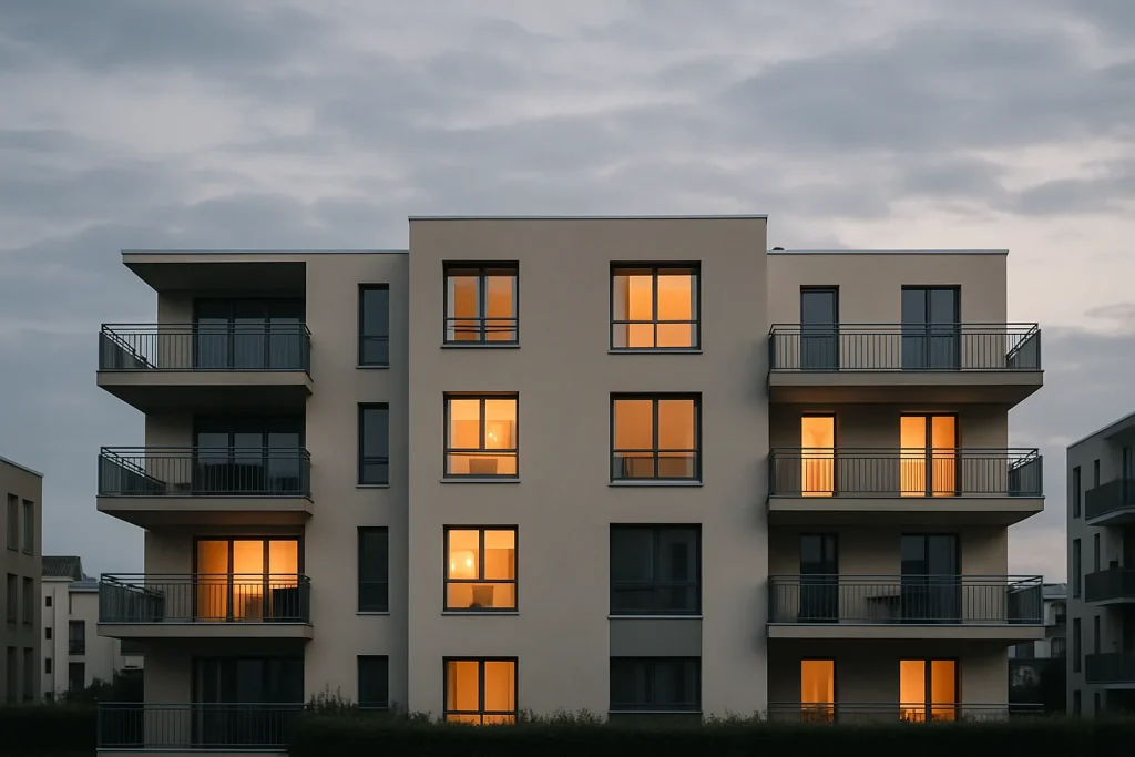 Vue d'un immeuble à Mulhouse sous une lumière douce du crépuscule