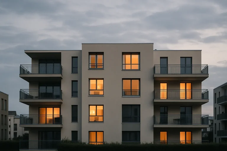 Vue d'un immeuble à Mulhouse sous une lumière douce du crépuscule