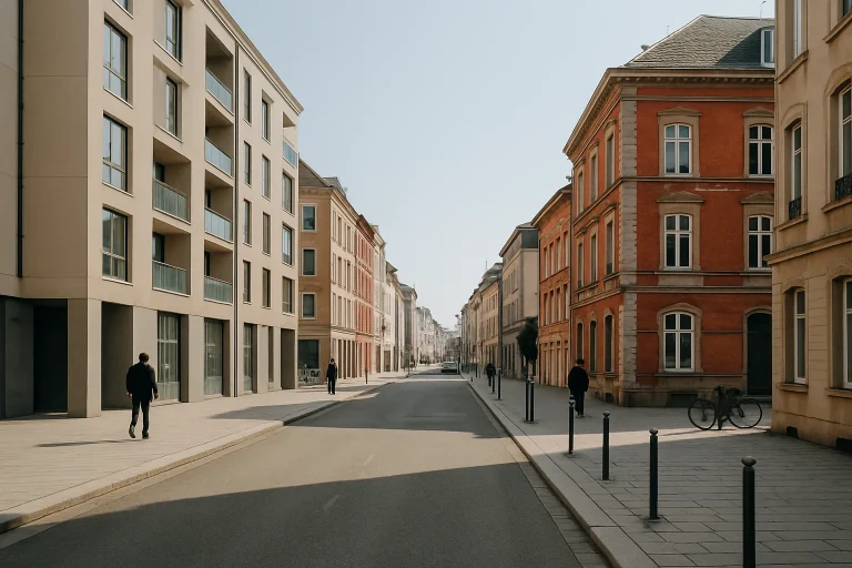 Rue à Mulhouse avec bâtiments modernes et anciens, trottoir et passants.