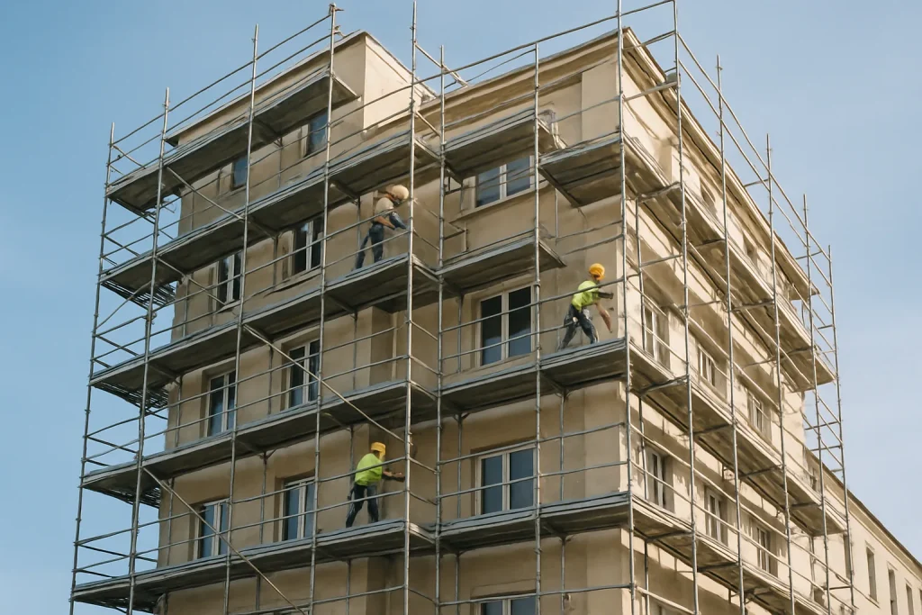 Immeuble en rénovation avec échafaudages et ouvriers sous un ciel bleu clair