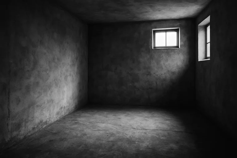 Pièce vide avec murs nus et sol en béton, lumière entrant par une fenêtre
