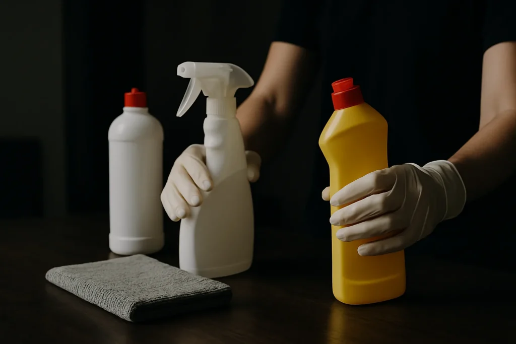 Mains gantées utilisant des produits de nettoyage dans une pièce sombre en Alsace
