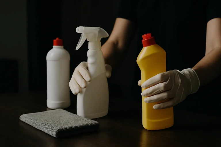 Mains gantées utilisant des produits de nettoyage dans une pièce sombre en Alsace
