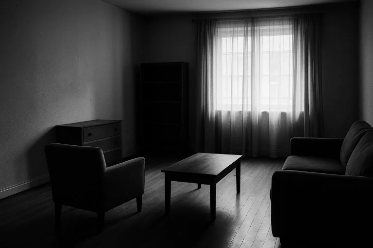 Appartement vide avec meubles déplacés, lumière filtrée, ambiance sobre.