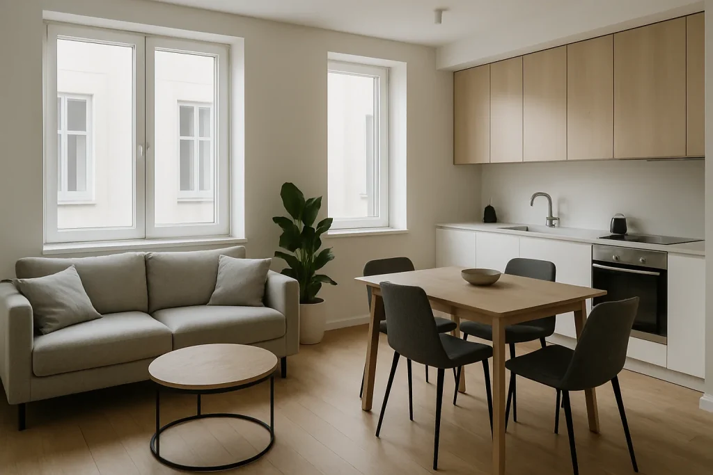 Appartement moderne prêt à être reloué avec lumière naturelle et mobilier élégant.