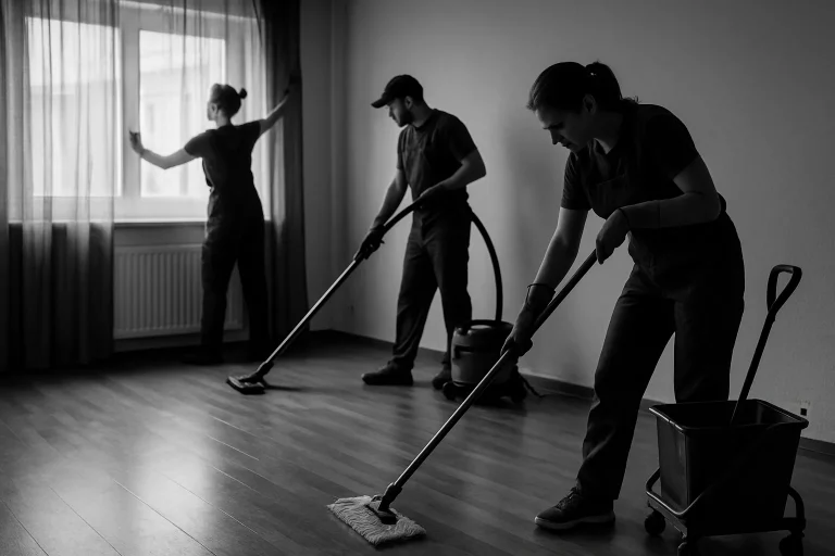 Équipe de nettoyage effectuant un débarras dans un appartement vide à Colmar, lumière filtrée