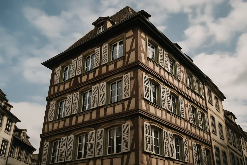 Bâtiment historique à Strasbourg sous un ciel partiellement nuageux, vue en contre-plongée