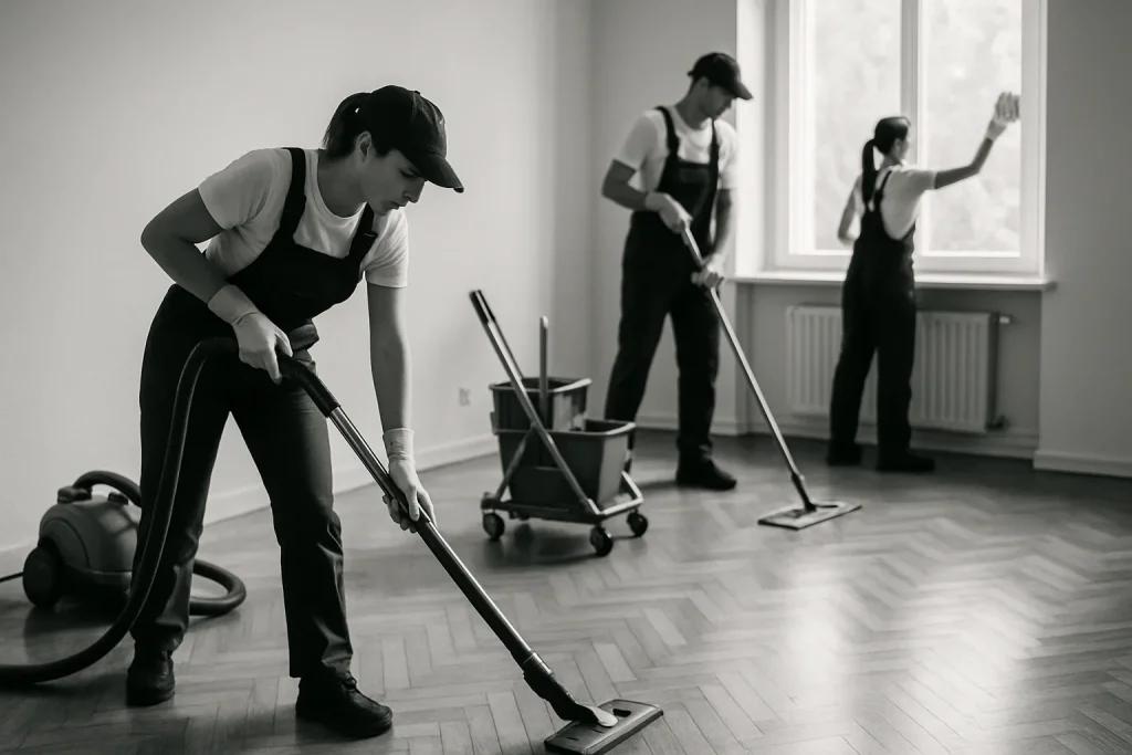 Équipe de nettoyage travaillant dans un appartement vide avant l'état des lieux, vue en noir et blanc.