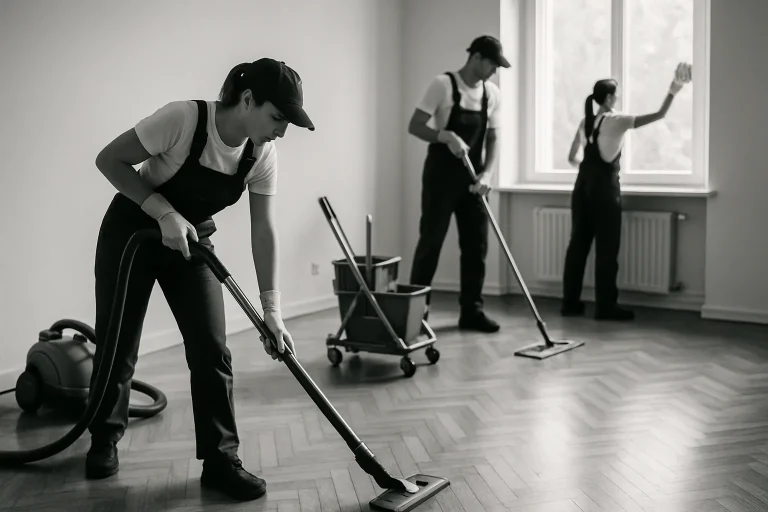Équipe de nettoyage travaillant dans un appartement vide avant l'état des lieux, vue en noir et blanc.