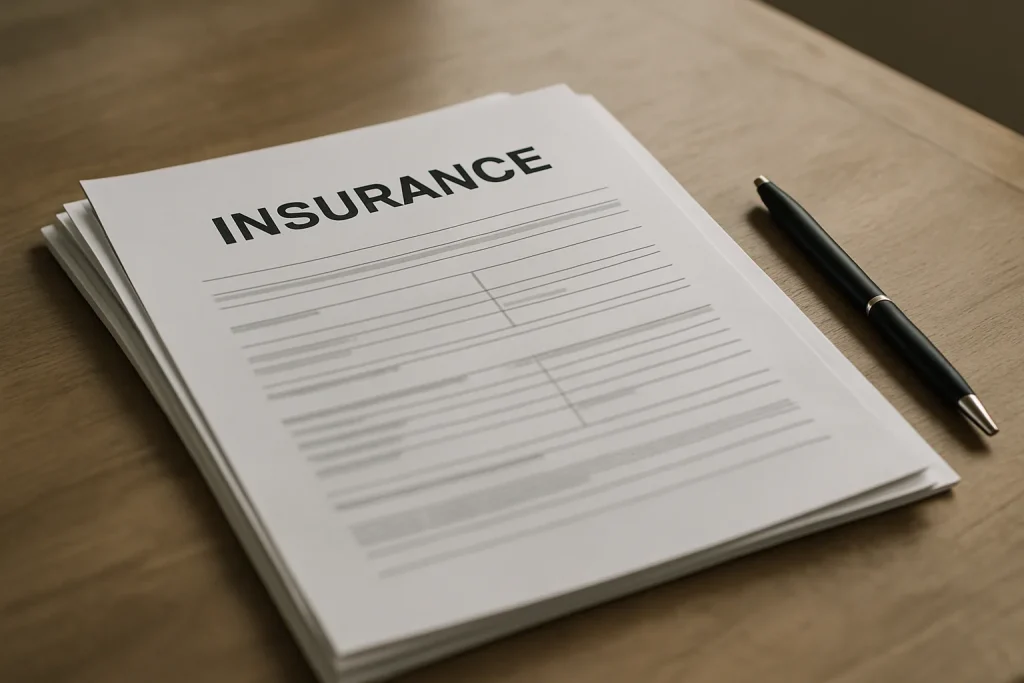 Documents d'assurance sur une table avec un stylo, éclairage naturel.