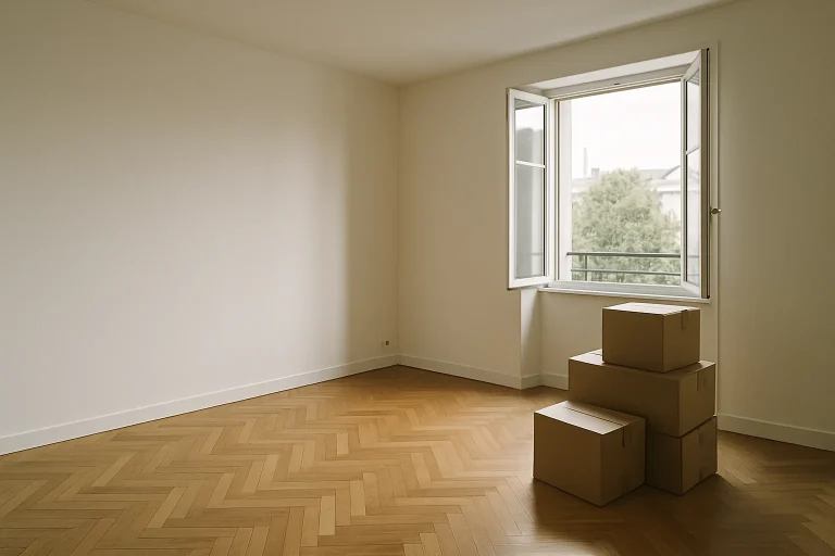 Appartement vide avec cartons empilés dans un coin, parquet au sol, lumière douce