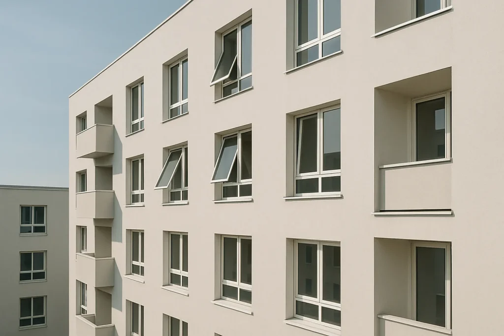 Immeuble résidentiel moderne avec fenêtres ouvertes, lumière du jour