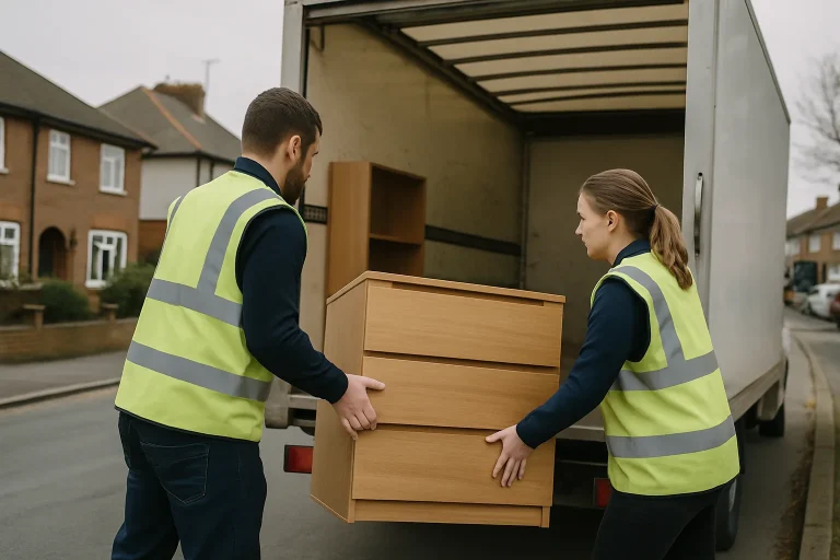 Deux personnes en gilets de sécurité évacuent des meubles dans un camion sur une rue résidentielle.