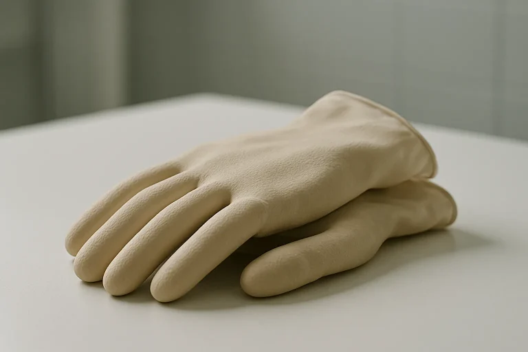 Vue rapprochée de gants en caoutchouc sur une table blanche, éclairage naturel